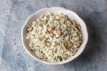 Traditional delicious Turkish foods; Artichoke rice (Turkish name; Enginarli pirinc pilavi)