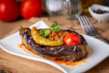 Traditional delicious Turkish food; Meat and Eggplant dish, (Turkish name; Karniyarik)