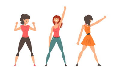 Young Woman Standing in Brave Pose Feeling Strength and Power Vector Set