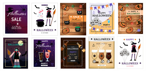 Big set of halloween Party Design template, with pumpkin, sweets, spiders, witches, cookies, balloons and sales information. Flyers for advertising, sales or parties. A set of bright backgrounds