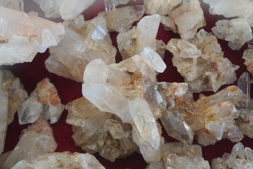 Raw specimen of crystal quartz gemstone rock. It has a hardness of 7 on the Moh's scale.
