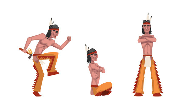 Male as Native American Tribe Member In Traditional Indian Clothing Sitting Cross Legged and Dancing with Tomahawk Vector Set