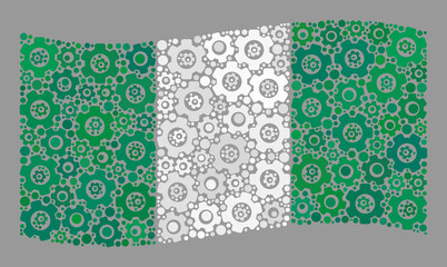Mosaic waving Nigeria flag designed of technical items. Vector gear wheel mosaic waving Nigeria flag combined for control purposes. Nigeria flag collage is constructed from scattered gear items.