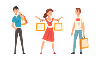 People Character with Shopping Bags Making Purchase in Shopping Mall Vector Set