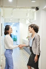 Smiling friendly female colleagues shaking hands and looking at each other