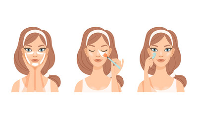 Face Care Routine with Young Girl with Pink Headband Applying Patches and Massaging Skin Vector Set