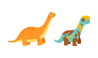 Funny Dinosaur with Spots as Cute Prehistoric Creature and Comic Jurassic Predator Vector Set