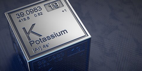 Potassium. Element 19 of the periodic table of chemical elements.  - obrazy, fototapety, plakaty