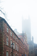 Old house and gloomy, mystic tower in fog, creepy and romantic, Halloween feel, with gothic notes.