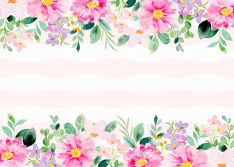 Watercolor pink flowers on stripes background