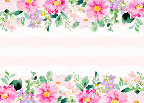 Watercolor pink flowers on stripes background