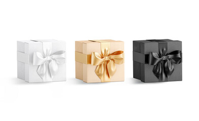 Blank black, white, gold gift box with ribbon bow mockup