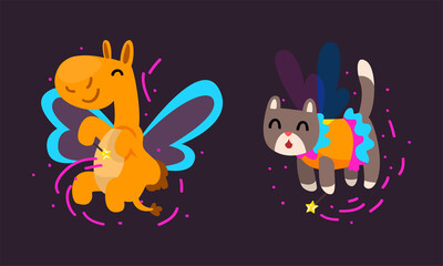 Naklejka premium Winged Camel and Cat Flying with Magic Wand as Fairy or Pixie Vector Set
