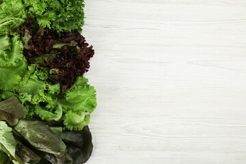 Different sorts of lettuce on white wooden table, flat lay. Space for text