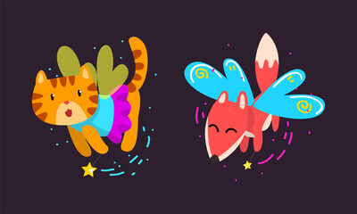 Winged Fox and Tiger Flying with Magic Wand as Fairy or Pixie Vector Set
