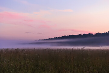 Fototapeta premium Colorful sunset sky over misty summer field