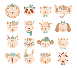 Obraz premium Set with faces cute animals in pastel colors for children. Collection animal characters with flowers in flat style. Illustration with cat, dog, lion, panda, bear isolated on white background. Vector