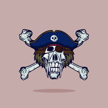 pirate flag emblem, baboon animal skull, with hat and bananas