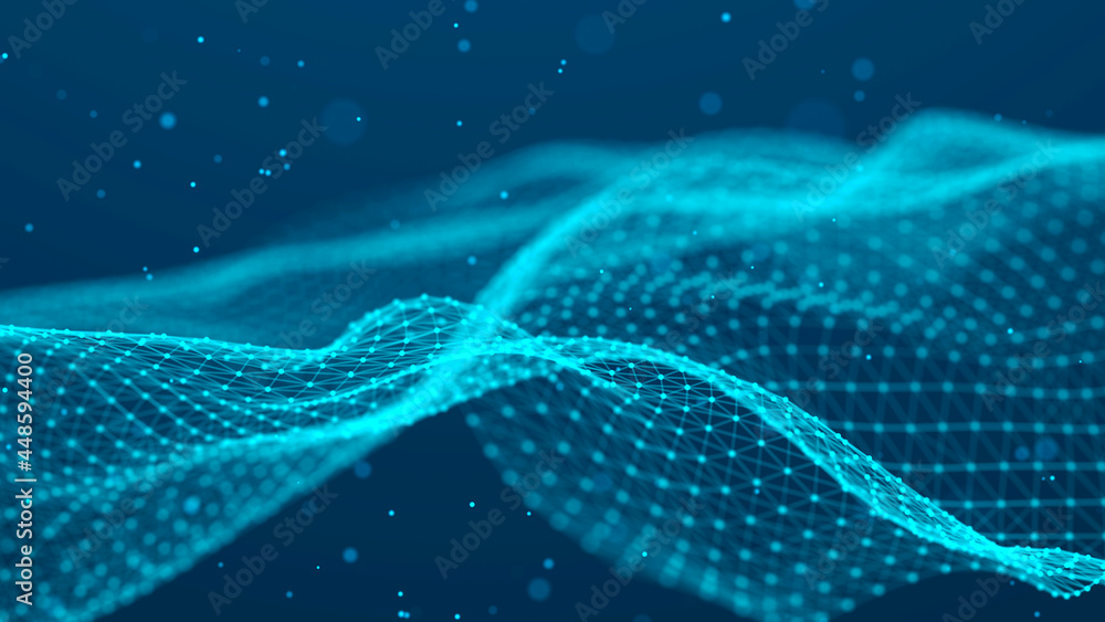 Poster Futuristic dots pattern on dark background. Colored music wave. Big data. Technology or Science Banner. 3D rendering