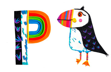 Cute cartoon handmade puffin bird illustration with a letter P abc alphabet for education studying...