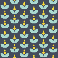 Seamless abstract Mid Century style flowers pattern with blooming flowers on navy blue background