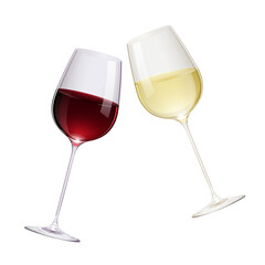 リアルな赤ワインと白ワインのグラスで乾杯するイラスト