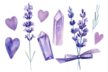 Lavender set, flowers and crystals. watercolor illustration, isolated white background