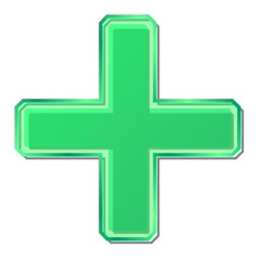 Green cross. Sign with shadow. Vector illustration.
