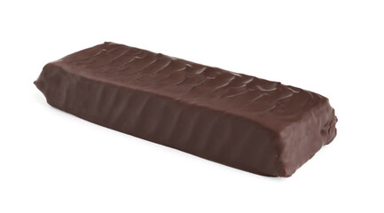 Tasty chocolate glazed protein bar isolated on white. Healthy snack