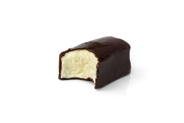 Glazed cheese bars with coconut filling isolated on white background.