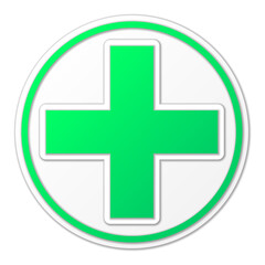 Big green plus sign with white frame in the circle. Sign on white background with shadow. Vector illustration.