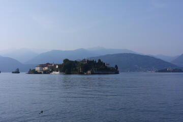  clear lakefront view of unforgettable sunset among the Italian mountains and fairytale lake in Stresa Italy ,island Isole Borromee