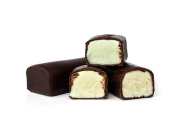 Glazed cheese bars with pistachio filling isolated on white background.