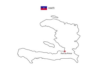 Hand draw thin black line vector of Haiti Map with capital city Port-au-Prince on white background.
