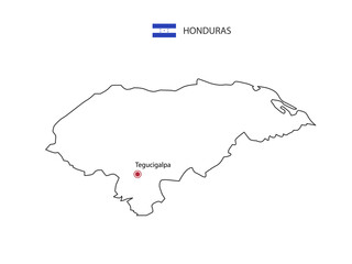 Hand draw thin black line vector of Honduras Map with capital city Tegucigalpa on white background.
