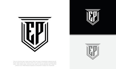 Initials EP logo design. Luxury shield letter logo design.