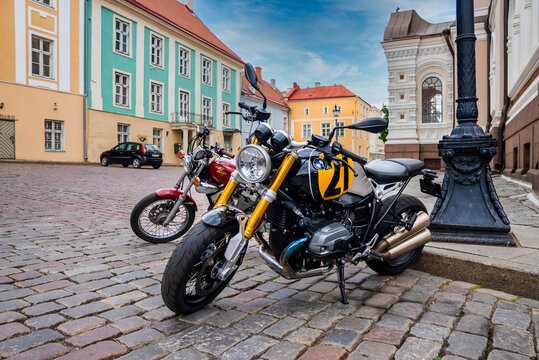 Tallinn, Estonia. June 30, 2021. BMW sport moto bike close up photo