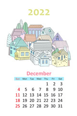 lovely cityscape calendar 2022. cute houses and winter trees. de