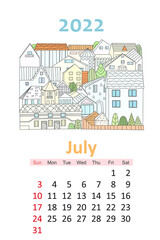 lovely cityscape calendar 2022. cute houses. july