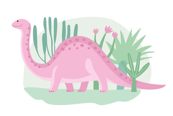 Pink cartoon cute dinosaur walks through the primeval forest. Vector graphics