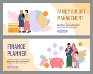 Family budget management and finance planner banners flat vector illustration.