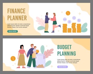 Finance and budget planner web banners or posters, cartoon vector illustration.