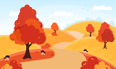 Fototapeta na wymiar Autumn landscape with lettering. Country road. Forest path through golden color hills. Forest and fields. Fall season, countryside view. Flat style vector illustration. For banner, print, poster..