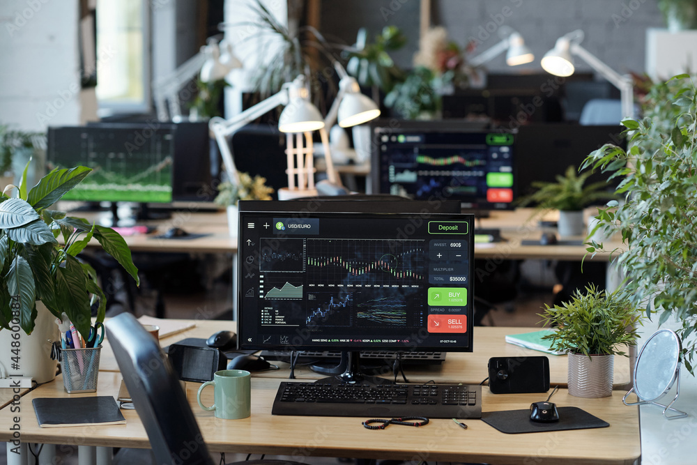 Poster workplace of office manager or analyst with computer monitor on the center of desk