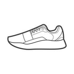 Shoes sneaker outline drawing vector, Sneakers drawn in a sketch style, black line sneaker trainers template outline, vector Illustration.
