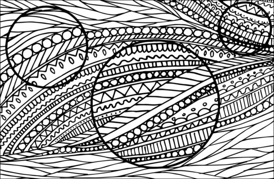 Doodle surreal fantasy circles coloring page for adults. Fantastic graphic artwork. Hand drawn simple illustration.