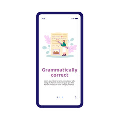 Grammar correction and text editor mobile app screen, flat vector illustration.