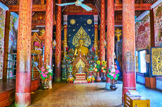 Interior of the Ubosot of Wat Pratu Pong, on May 8 in Lampang, Thailand