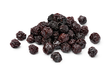 Heap of sweet red dried cherries close up isolated on white background 
