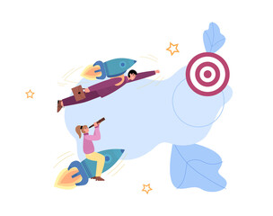 Business people fly on rocket toward target, flat vector illustration isolated.